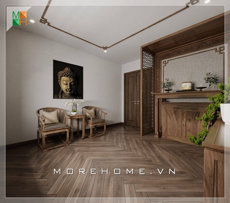 Không gian thờ cúng càng trở nên tôn nghiêm hơn nhờ màu trầm ấm của nội thất gỗ óc chó cao cấp