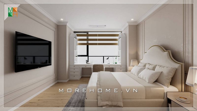 Mẫu thiết kế nội thất phòng ngủ tân cổ điển mở có cửa sổ lớn thông thoáng đón ánh sáng tự nhiên vào phòng một cách rộng mở nhất.