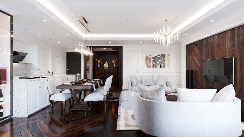 Mẫu thiết kế nội thất phòng khách chung cư ấn tượng với gỗ óc chó sang trọng