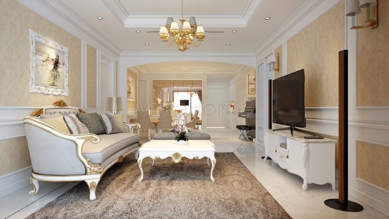 Mang đậm phong cách thiết kế tân cổ điển, sự tinh tế trong mỗi chi tiết trang trí tối giản tạo nên nội thất phòng khách chung cư sang trọng, tinh tế mà không kém phần nổi bật
