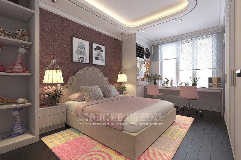 Thiết kế phòng ngủ tươi mát với gam màu hồng phấn dành cho cặp bé gái song sinh.