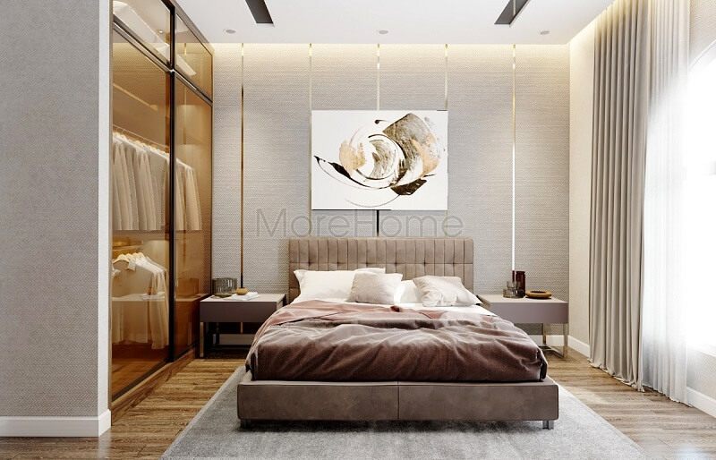 Mẫu thiết kế phòng ngủ nhà phố được trang bị đồ nội thất gỗ cao cấp và tiện nghi, tạo nên một không gian sang trọng và thỏa mãn nhu cầu nghỉ ngơi của người sử dụng.