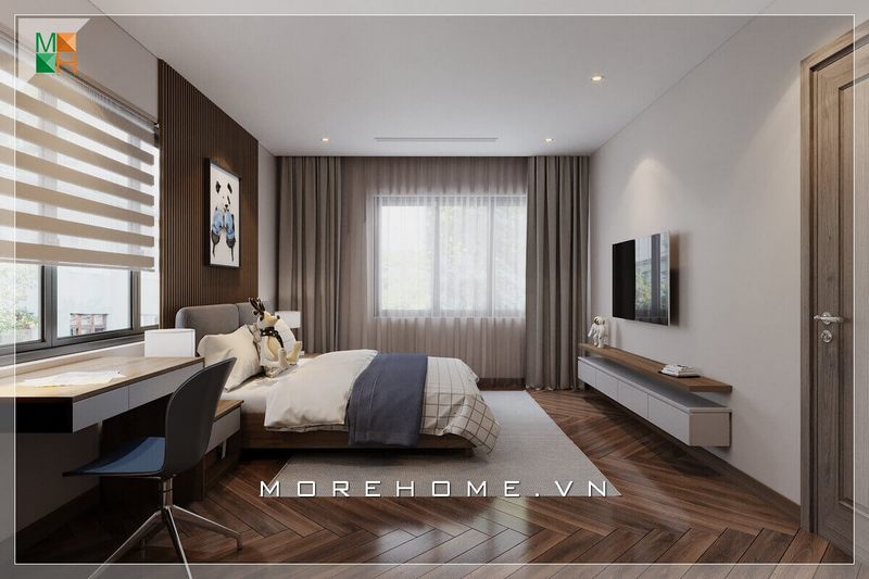 .
Mẫu thiết kế phòng ngủ nhỏ theo phong cách hiện đại được trang bị nội thất gỗ công nghiệp, giúp tạo sự rộng rãi cho không gian nhưng vẫn đảm bảo cung cấp đầy đủ các tiện nghi cần thiết.